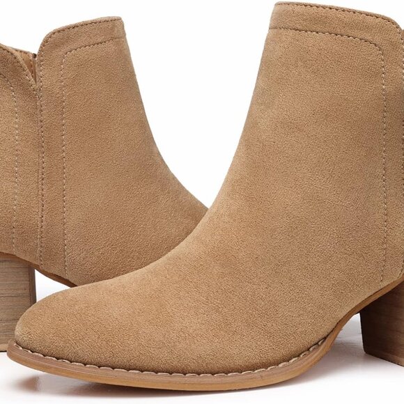 Women's Ankle Boots Heel: Chunky Low Heeled Almond Toe Short Booties with Zipper - Picture 1 of 6